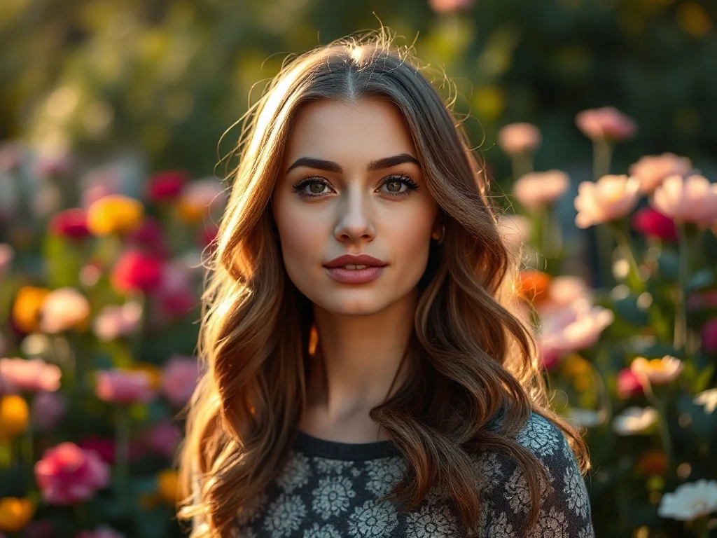 Portret uśmiechniętej kobiety w słonecznym, kwitnącym ogrodzie, podkreślający elegancję i delikatność imienia Rita.