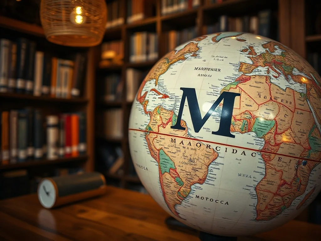 Zabytkowy globus na drewnianym biurku z widocznymi na mapie państwami na literę „M”, takimi jak Madagaskar i Maroko.