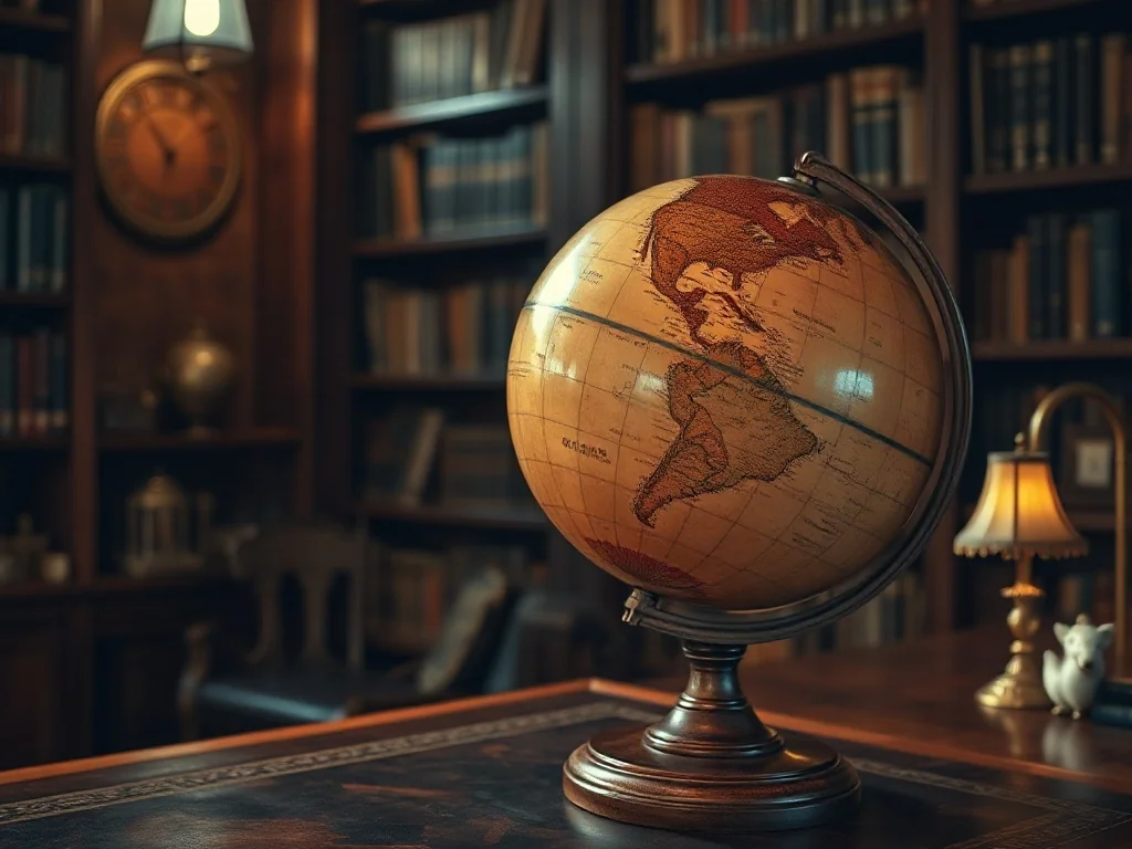 Stary, drewniany globus na mahoniowym biurku w przytulnej bibliotece, symbolizujący podróże i wiedzę o świecie.