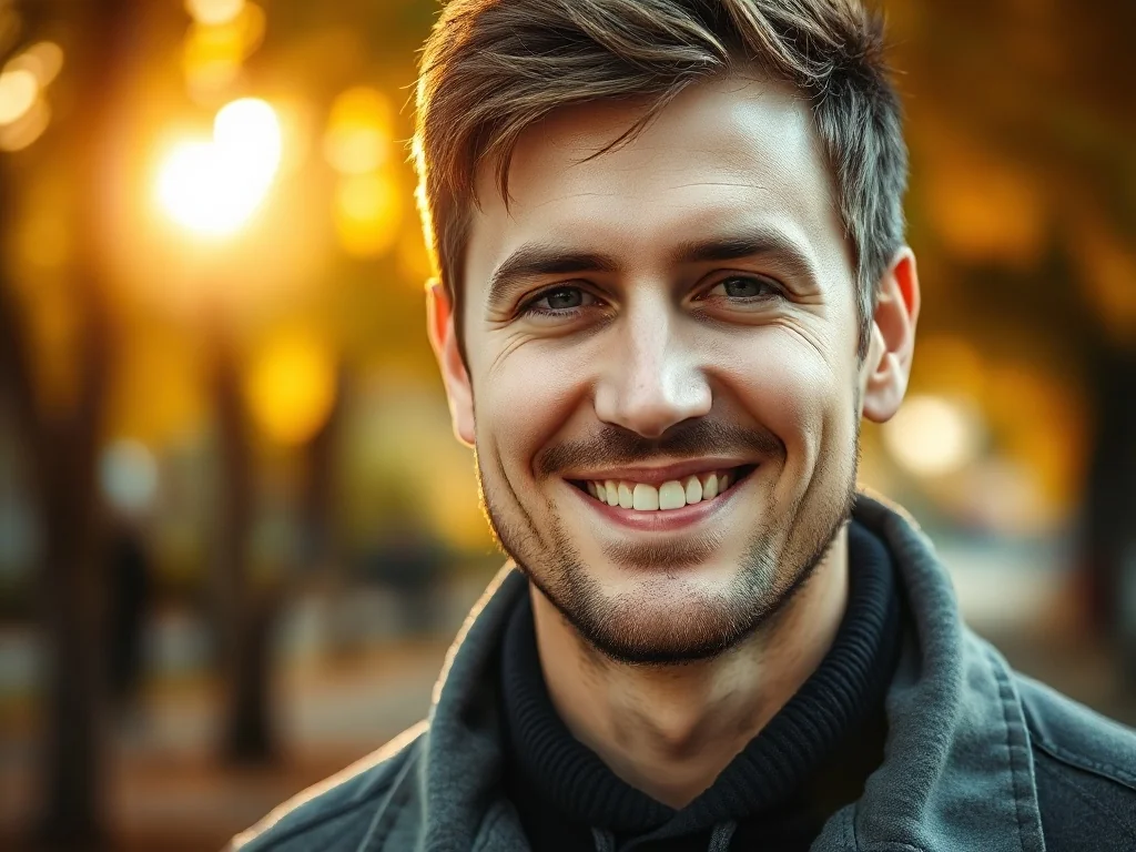 Uśmiechnięty mężczyzna w jesiennym parku, symbolizujący przyjazną i ciepłą naturę osoby o imieniu Bruno.