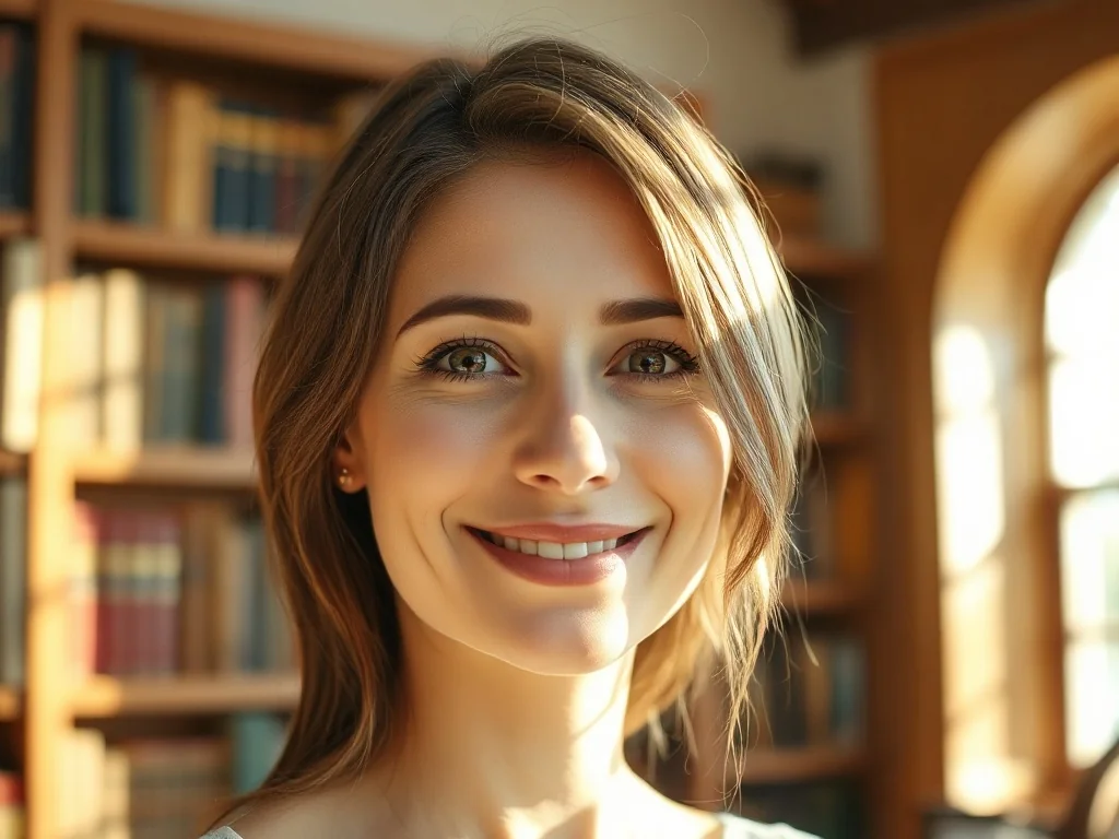 Portret uśmiechniętej kobiety w ciepłym, bibliotecznym wnętrzu, symbolizujący elegancję i klasyczne piękno imienia Kornelia.