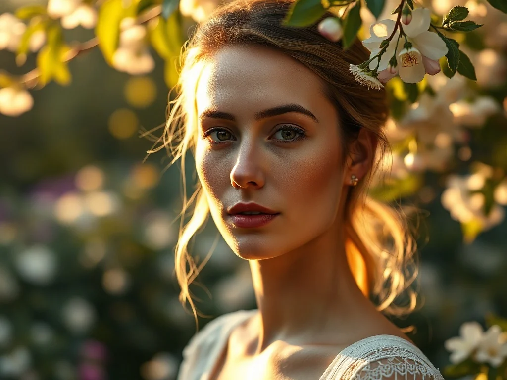 Portret młodej kobiety w słonecznym, wiosennym ogrodzie, podkreślający delikatność i naturalne piękno.