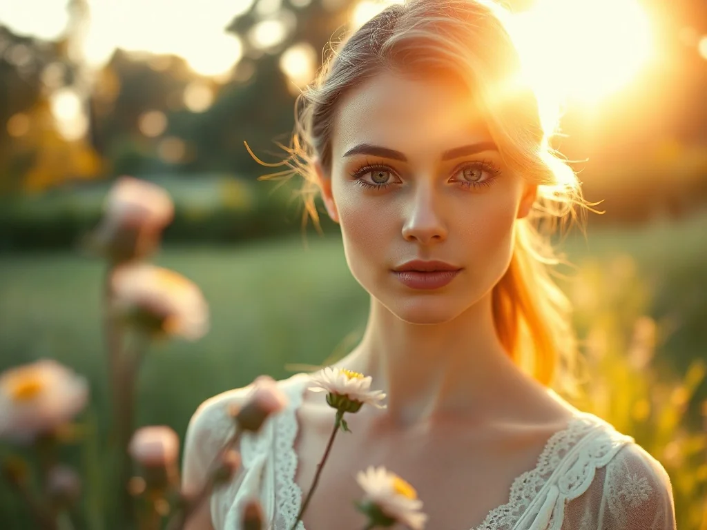 Eteryczny portret kobiety w słonecznym ogrodzie, podkreślający delikatność i elegancję kojarzoną z imieniem Pia.